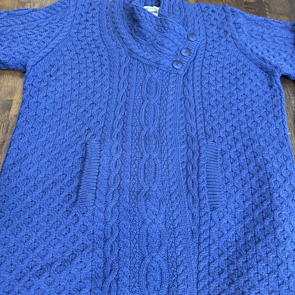 Aran Crafts XXL Soft Blue Merino Wool Chunky Collar 3 Button long Cardigan Coat - Picture 2 of 7